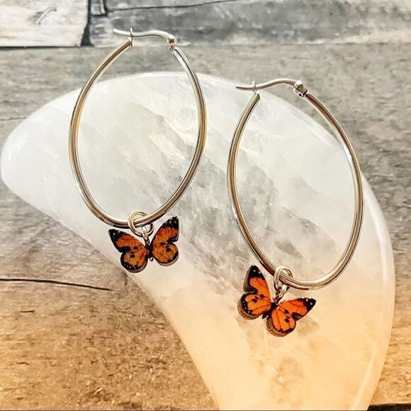 Stainless Steel Wooden Butterfly Hoop Earrings - Picture 1 of 3